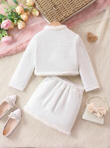 SHEIN Young Girl Fuzzy Trim Pocket Patched Button Up Tweed Jacket and Skirt