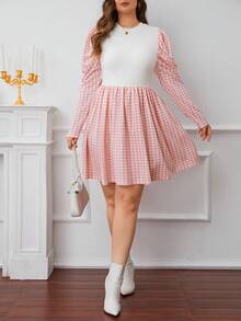 SHEIN Privé Hơn Bản in Gingham Tay áo Đầm - Hồng - Xem 5