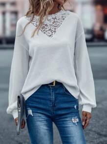 SHEIN LUNE Chèn ren Guipure Áo thun Thả vai - trắng - Xem 6