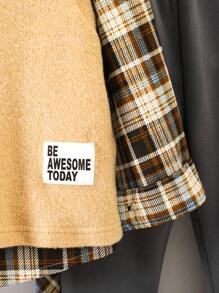 SHEIN 男小童字母貼布背心上衣&格紋襯衫&保暖長褲