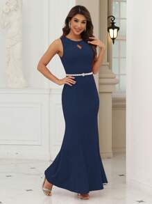 Cut Out Mermaid Hem Prom Dress Without Belt - Navy Blue - View 1