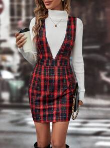 Chiquease 格紋深V領背帶洋裝無毛衣