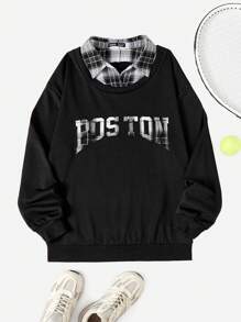 SHEIN EZwear Letter Graphic Drop Shoulder 2 In 1 Sweatshirt - Black and White - View 1