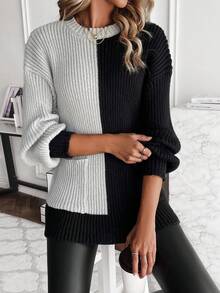 SHEIN Frenchy Two Tone Drop Shoulder Pocket Patched Sweater - Multicolor - View 6