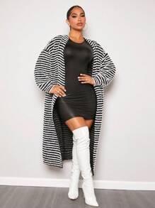 SHEIN SXY 條紋圖案落肩袖開門襟外套 - 黑與白 - 查看 1