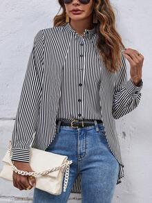 SHEIN LUNE In sọc Thả vai Hem cao thấp Áo sơ mi - Đen và trắng - Xem 4