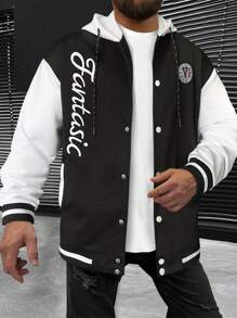 Manfinity Homme Loose Fit Men's Button Up Hooded Jacket With Drawstring - Black and White - View 1