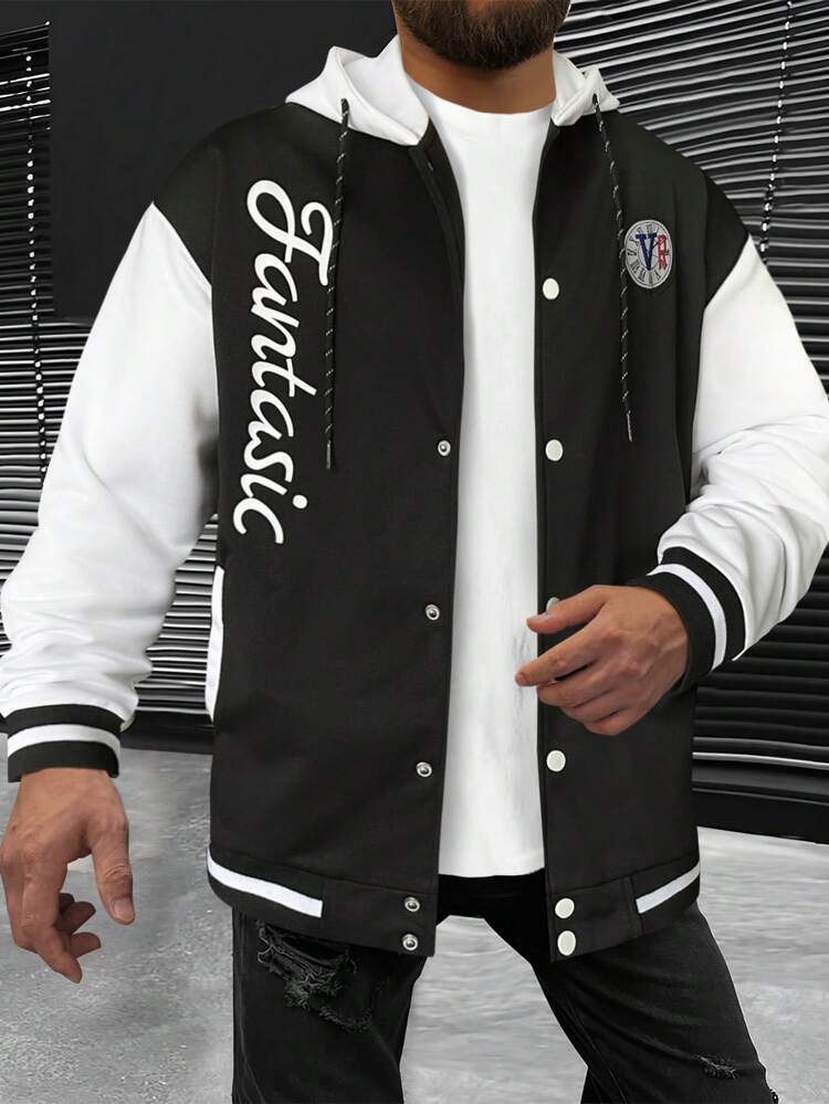 Loose Fit Men's Button Up Hooded Jacket With Drawstring