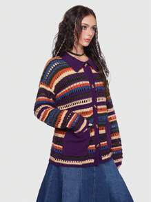 ROMWE 條紋拼色下垂肩開襟針織外套 - 彩色 - 查看 4