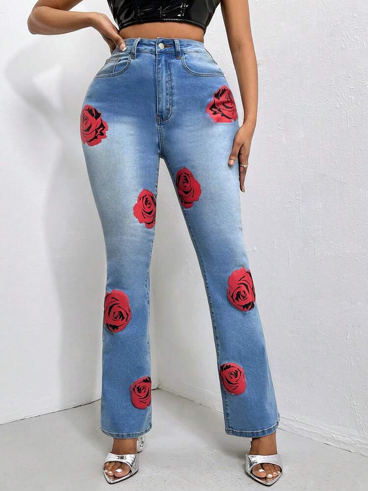Floral Print Flare Leg Jeans