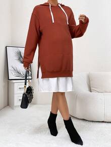 SHEIN Maternity 1pc Two Tone Drop Shoulder Drawstring Hooded Nursing Dress - Brown - View 4