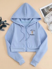 SHEIN EZwear Letter Graphic Zip Up Thermal Lined Drawstring Hoodie - Baby Blue - View 1