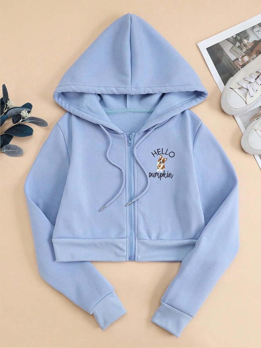 SHEIN EZwear Letter Graphic Zip Up Thermal Lined Drawstring Hoodie - Baby Blue - View 1