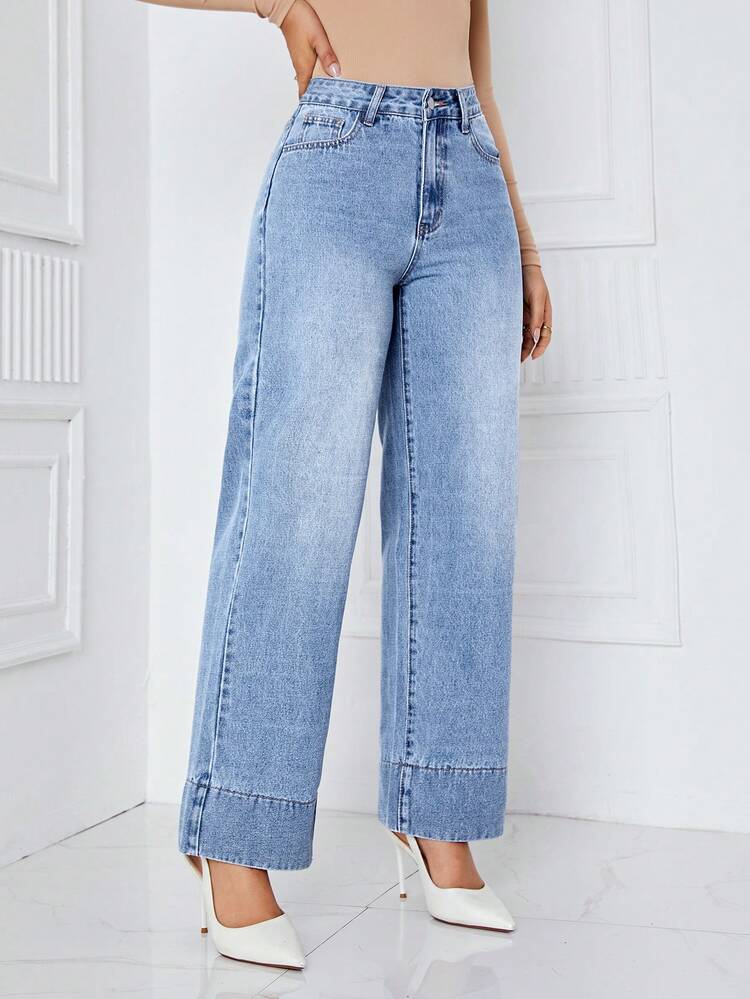 SHEIN Privé Straight Leg Jeans - Mavi - Görünüm 4