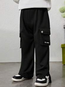 SHEIN Chàng trai trẻ Túi nắp bên cạnh Viền chia cắt Quần thể thao - màu đen - Xem 4