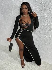 Slaydiva 優雅派對時尚透視花邊鑽石裝飾交叉肩帶高開岔配單扣長袖連衣褲套裝女款2件組合 - 黑色 - 查看 5