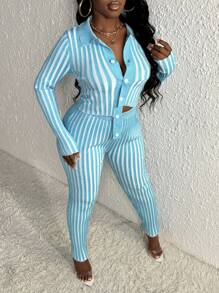 Slaydiva Striped Pattern Cardigan & Knit Pants - Multicolor - View 4