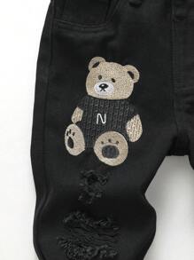 SHEIN Explorewe Young Boy Letter & Bear Patched Ripped Jeans - Black - View 8
