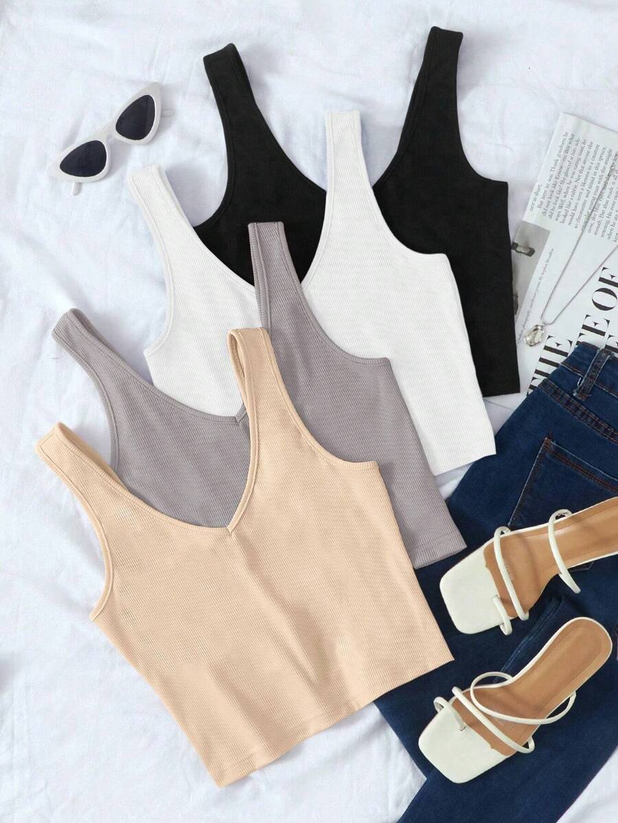 Chiquease 4pcs Solid Ribbed Knit Tank Top - Multicolor - View 1