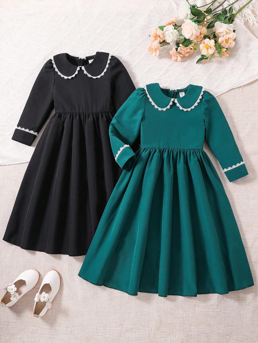 Young Girl 2pcs Contrast Lace Trim Peter Pan Collar Dress - Black - View 1
