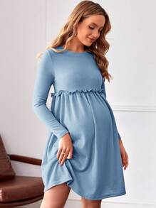 SHEIN Maternity Frill Trim Solid Smock Dress - Blue - View 5