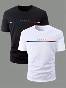 Manfinity Homme Hombres talla grande 2 piezas Camiseta con estampado de letra - Blanco y Negro - Ver 1