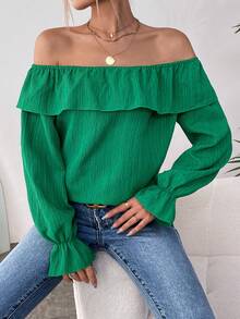 SHEIN Frenchy 一字肩荷葉袖荷葉邊襯衫 - 綠色 - 查看 4