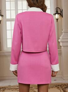 SHEIN LUNE Contrast Collar Flap Pocket Jacket & Skirt - Hot Pink - View 2