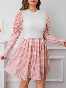 SHEIN Privé Hơn Bản in Gingham Tay áo Đầm - Hồng - Xem 3