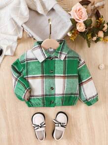 SHEIN Young Girl Plaid Print Drop Shoulder Jacket - Green - View 1
