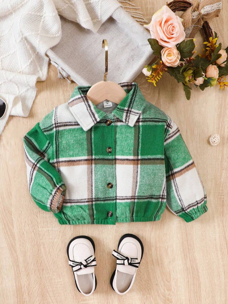 SHEIN Young Girl Plaid Print Drop Shoulder Jacket - Green - View 1