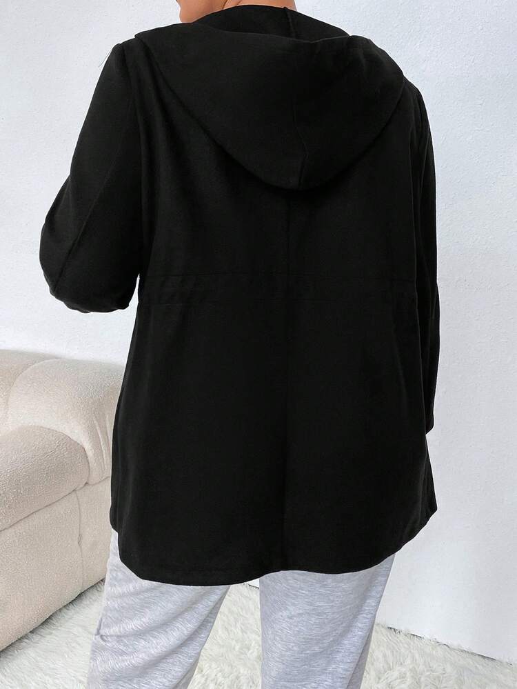 Plus Drawstring Waist Dual Pocket Hooded Coat