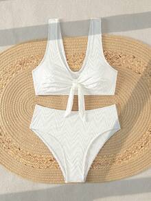 Knot Front Bikini Set - White - View 8