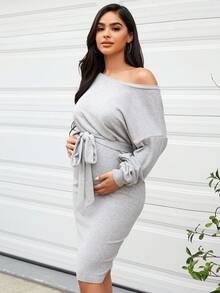 SHEIN Maternity Drop Shoulder Belted Bodycon Dress - Grey - View 3