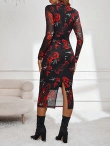 SHEIN Thai sản In hoa Cổ giả Váy bodycon - Đỏ - Xem 2
