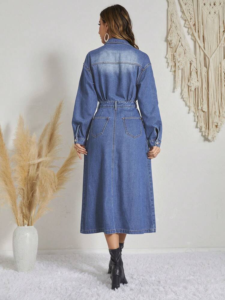 Flap Pocket Button Front Denim Dress Fall Cloth For Women