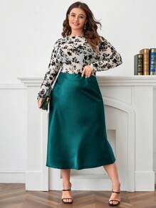 SHEIN Privé Hơn Cao eo Xa ten Váy - Màu xanh ngọc - Xem 5