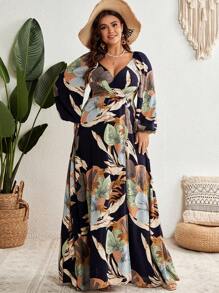 SHEIN VCAY Plus Tropical Print Lantern Sleeve Wrap Hem Dress - Multicolor - View 6