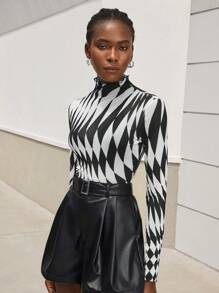 Maija Mock Neck Geo Print Top - Black and White - View 6