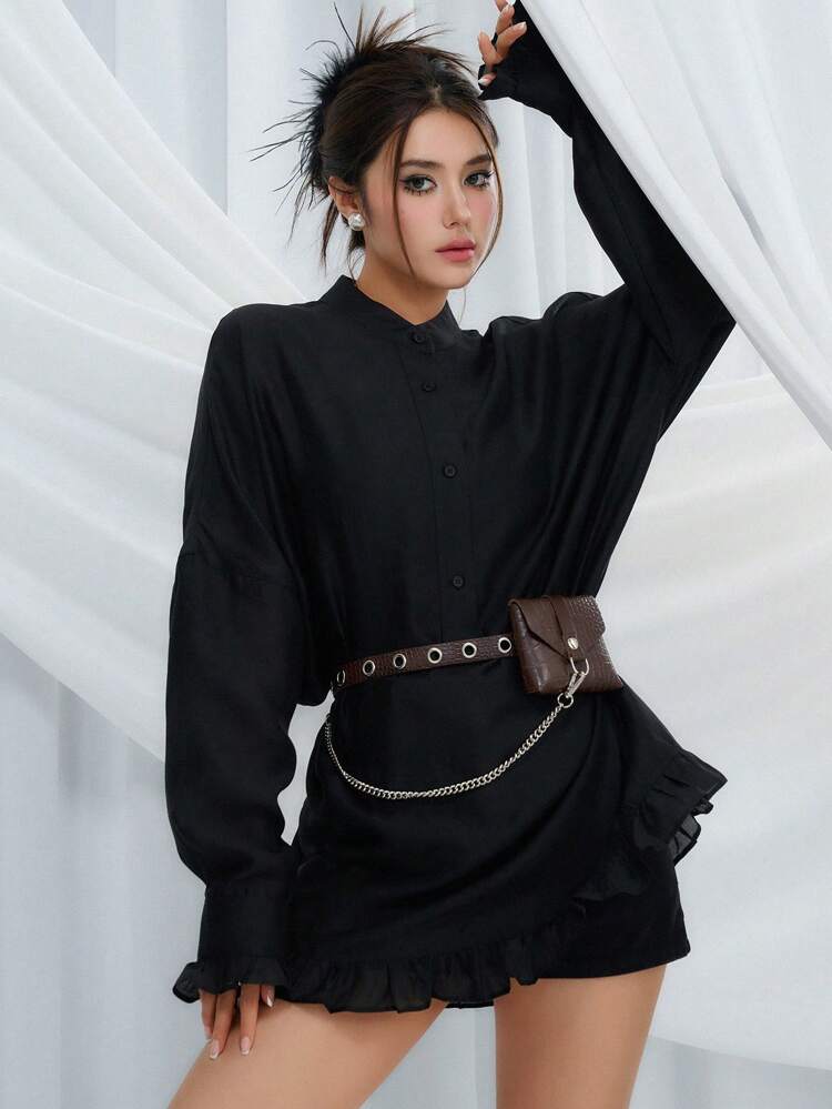 Solid Button Front Shirt Without Belt,Ruffle Long Sleeve Top