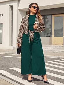 SHEIN Privé Plus Letter Graphic Jacket & Belted Wide Leg Jumpsuit