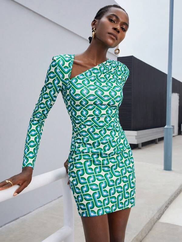 Maija Allover Print Asymmetrical Neck Ruched Bodycon Dress