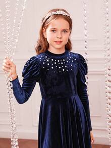 青少女針織實色短毛絨立領鑲釘3/4袖連衣裙 - 藏蓝色 - 查看 6