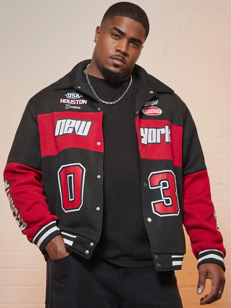 Manfinity LEGND 男士大码字母圖案撞色夾克 - 黑色 - 查看 1