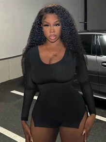 Slaydiva 骷髅圖案大圓領下擺開叉彈力緊身連體短褲 - 黑色 - 查看 1