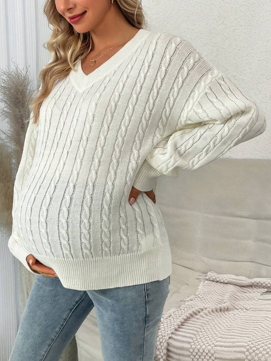 SHEIN Maternity Cable Knit Drop Shoulder Sweater, For Winter - White - View 1