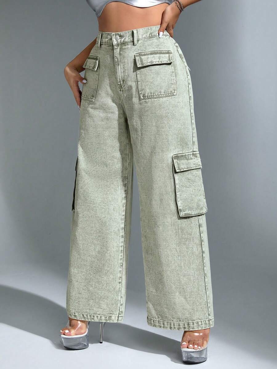 SHEIN ICON Hơn Túi có nắp Quần jean chở hàng - xanh quân đội - Xem 1