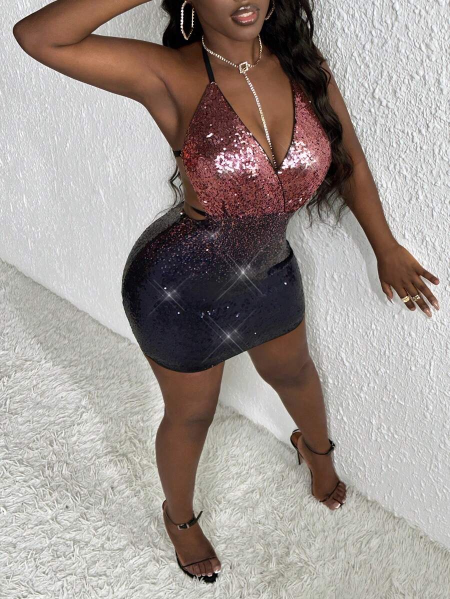 Slaydiva Đầm ôm sát hở lưng phối màu đính sequin cổ yếm - Màu Hồng Tươi - Xem 1