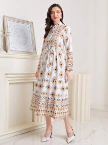 Al Najma Allover Print Belted Shirt Dress - Multicolor - View 3