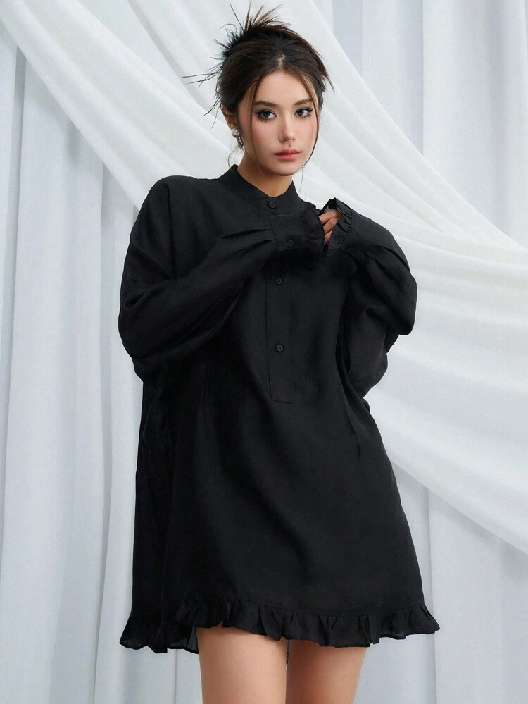 Solid Button Front Shirt Without Belt,Ruffle Long Sleeve Top